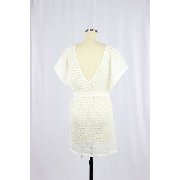 KONA SOL White Crochet V-Neck Belted Mini Dress Cover-Up, Size M - Picture 3 of 11
